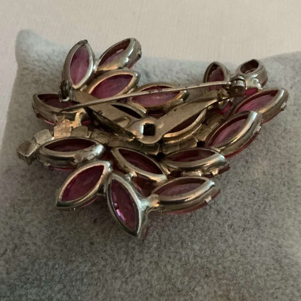 Pink Rhinestone Vintage Silver Tone Brooch